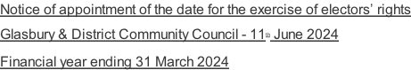 Notice of appointment of the date for the exercise of electors’ rights  Glasbury & District Community Council - 11th June 2024   Financial year ending 31 March 2024